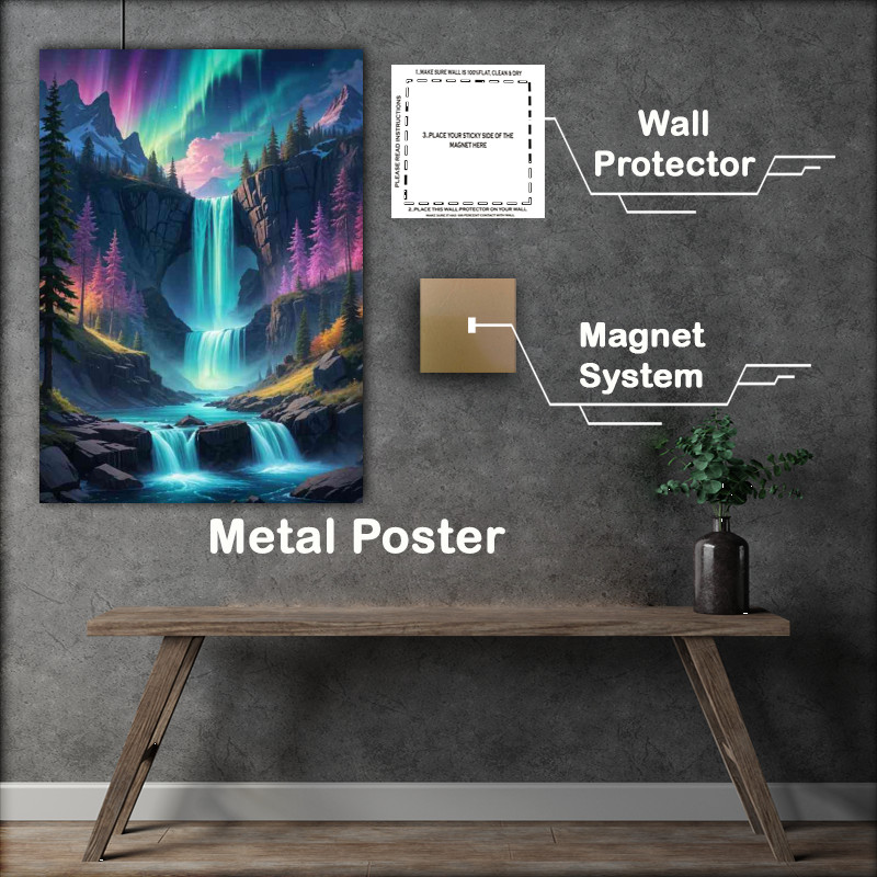 Buy Metal Poster : (Forests and mountains The sky is filled with vibrant colorful aurora borealis)