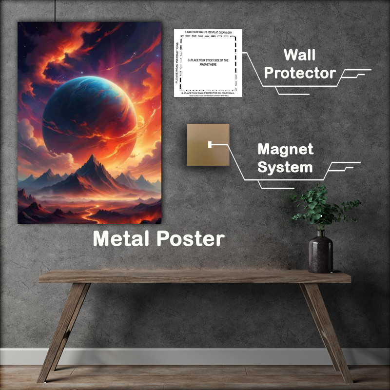 Buy Metal Poster : (Large glowing planet with firey clouds and mountains)