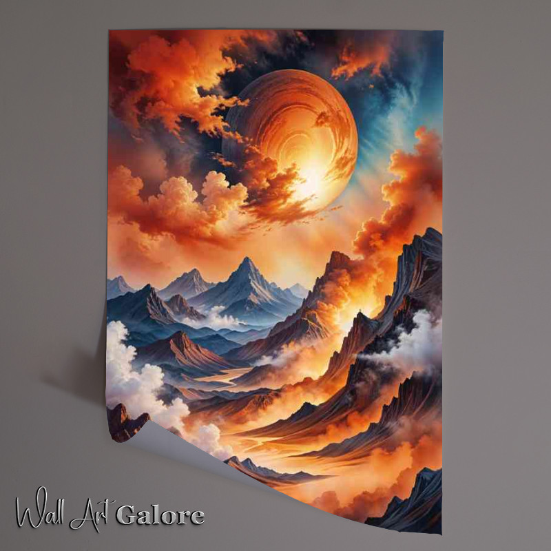 Buy Unframed Poster : (Mountain range and orange glowing planet)