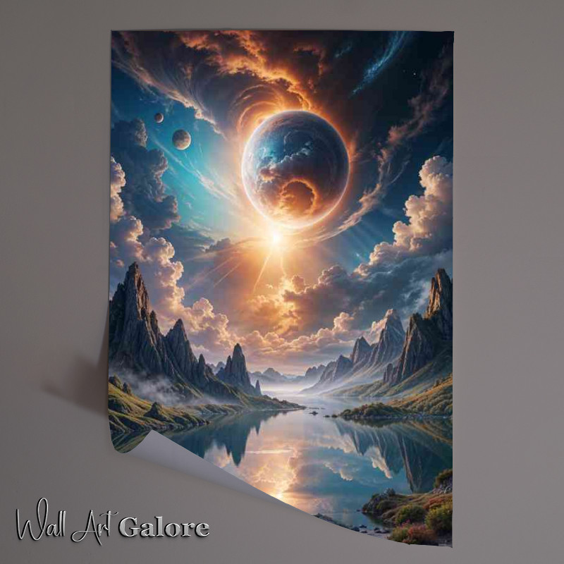 Buy Unframed Poster : (fantasy landscape with a large, glowing planet or celestial body in the sky)