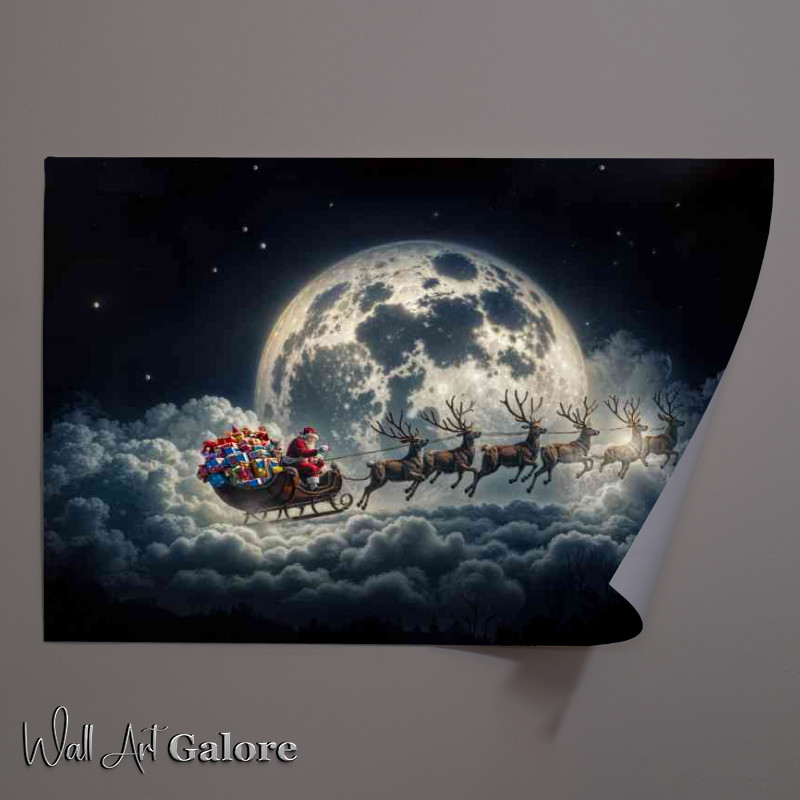 Buy Unframed Poster : (Santas sleigh full of presents over the full moon)