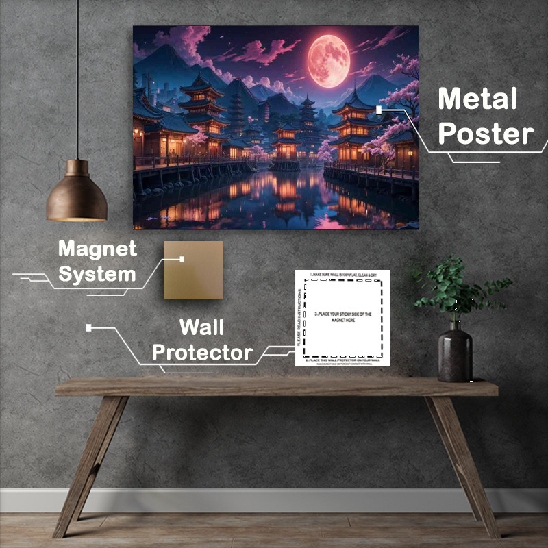 Buy Metal Poster : (Traditional Japanese town at night with a pagoda style temple)