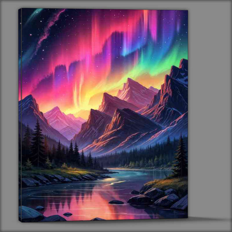 Buy Canvas : (Aurora borealis and the flowing river)
