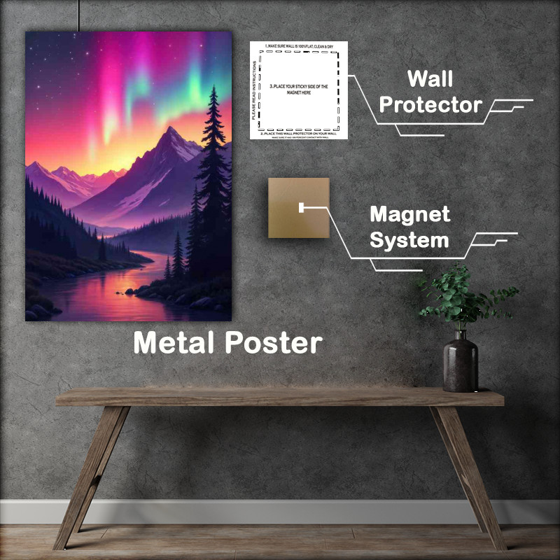 Buy Metal Poster : (Aurora borealis in the night sky over mountains)