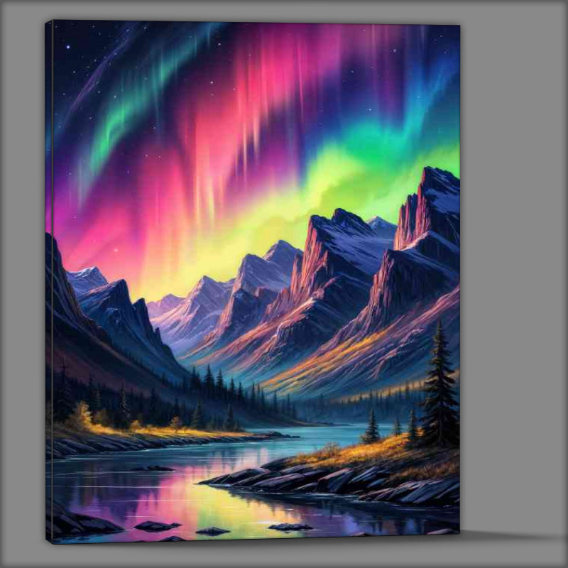 Buy Canvas : (Colorful aurora borealis in the mountains with a flowing river)