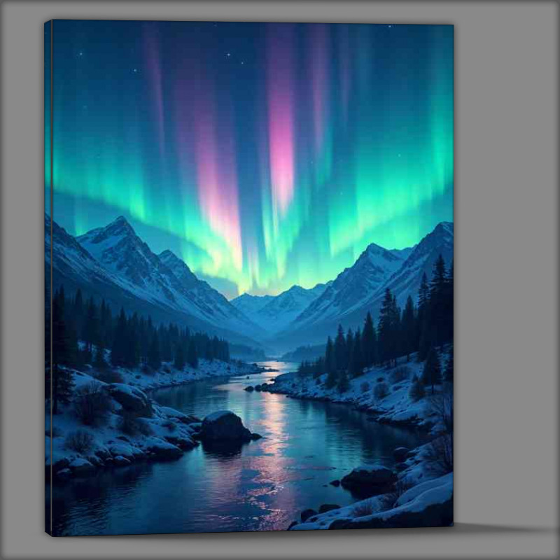 Buy Canvas : (Colorful aurora borealis in the night sky over a mountain)