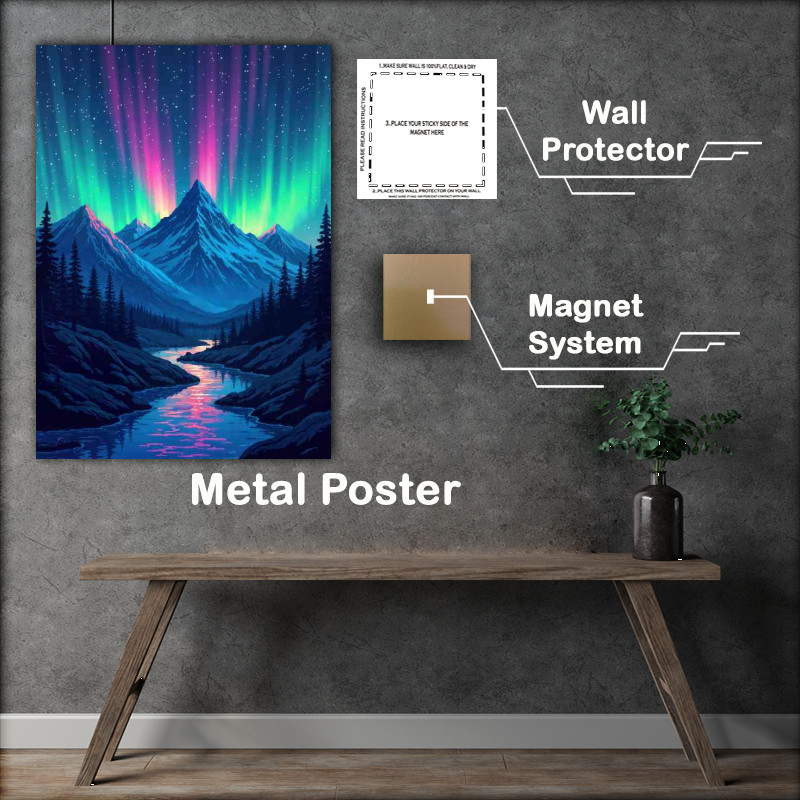 Buy Metal Poster : (Colorful aurora borealis in the night with flowing river)