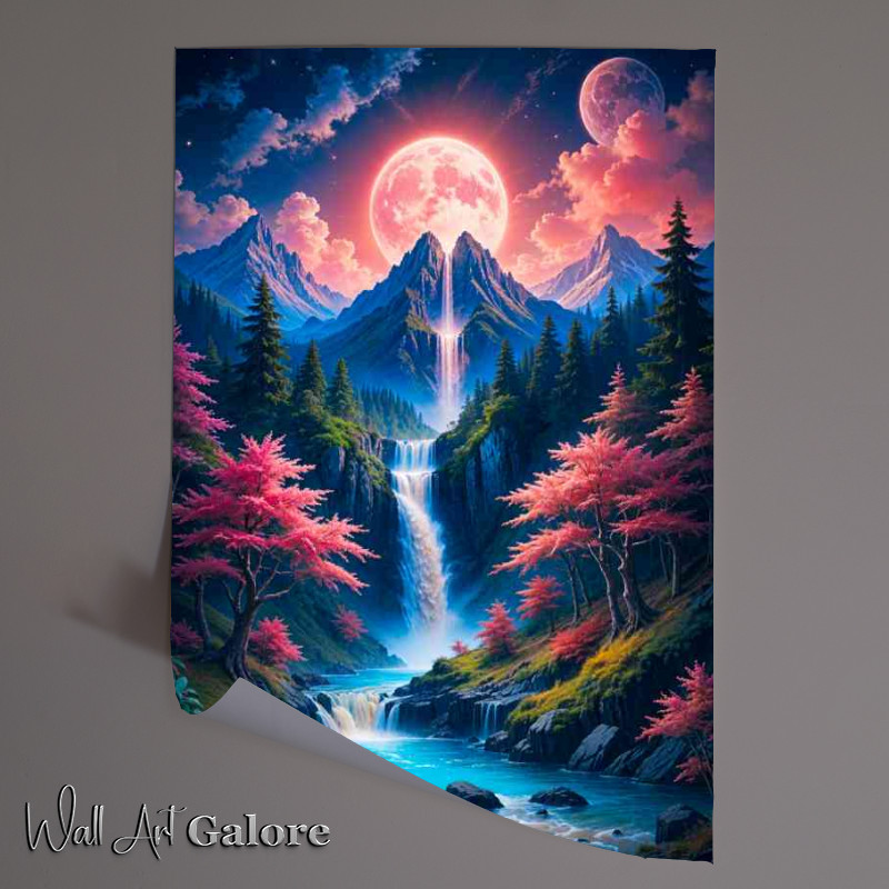 Buy Unframed Poster : (Majestic mountain with a waterfall cascading down to the stream)