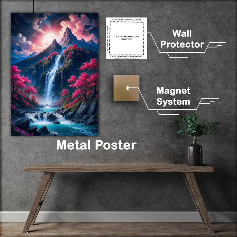 Buy Metal Poster : (Mountain with a waterfall cascading down the hill with vibrant colours)