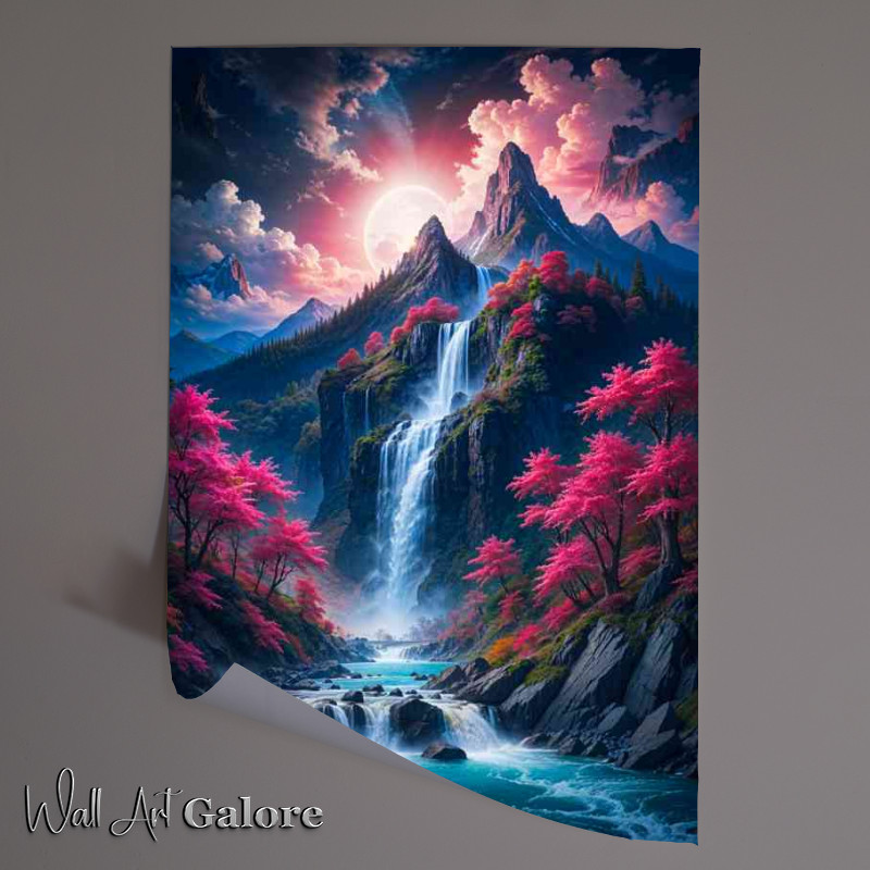 Buy Unframed Poster : (Mountain with a waterfall cascading down the hill with vibrant colours)