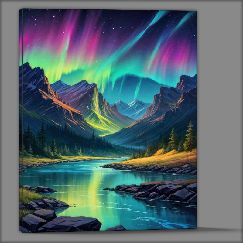 Buy Canvas : (Painting colorful aurora borealis in the mountains)