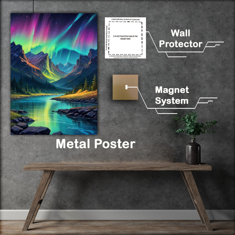 Buy Metal Poster : (Painting colorful aurora borealis in the mountains)
