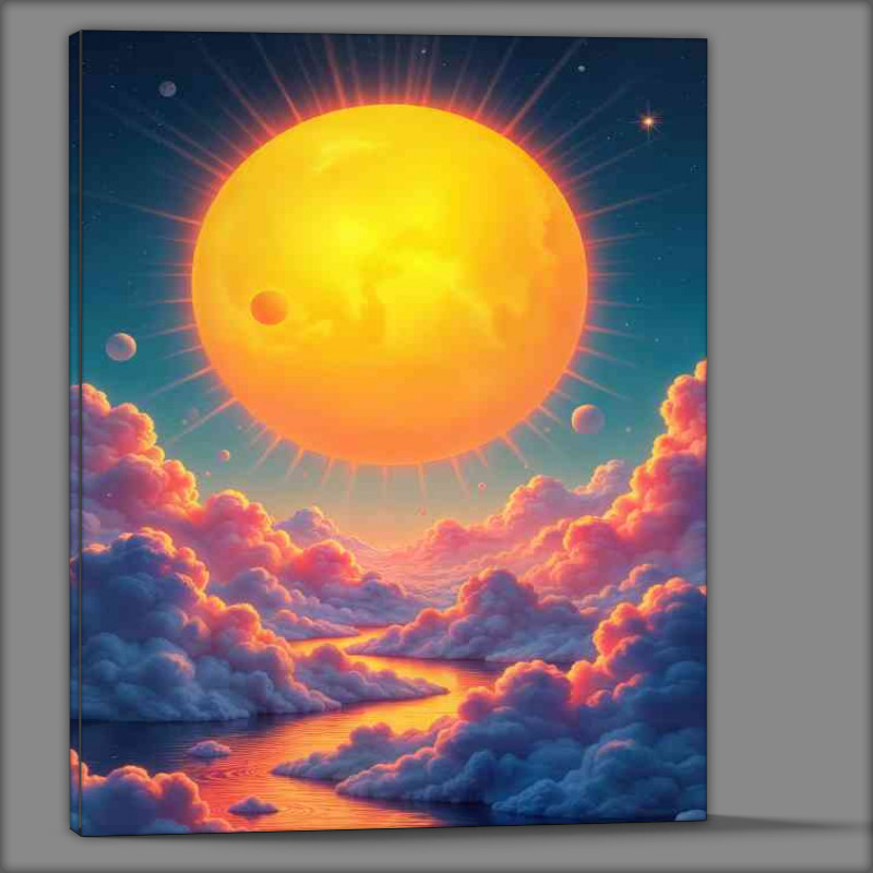 Buy Canvas : (Amazing glowing bright sun coludes and mountains)