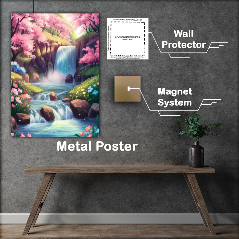 Buy Metal Poster : (Picturesque landscape cascading waterfall)