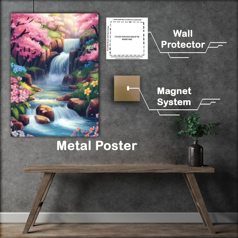 Buy Metal Poster : (Vibrant and picturesque landscape a cascading waterfall)
