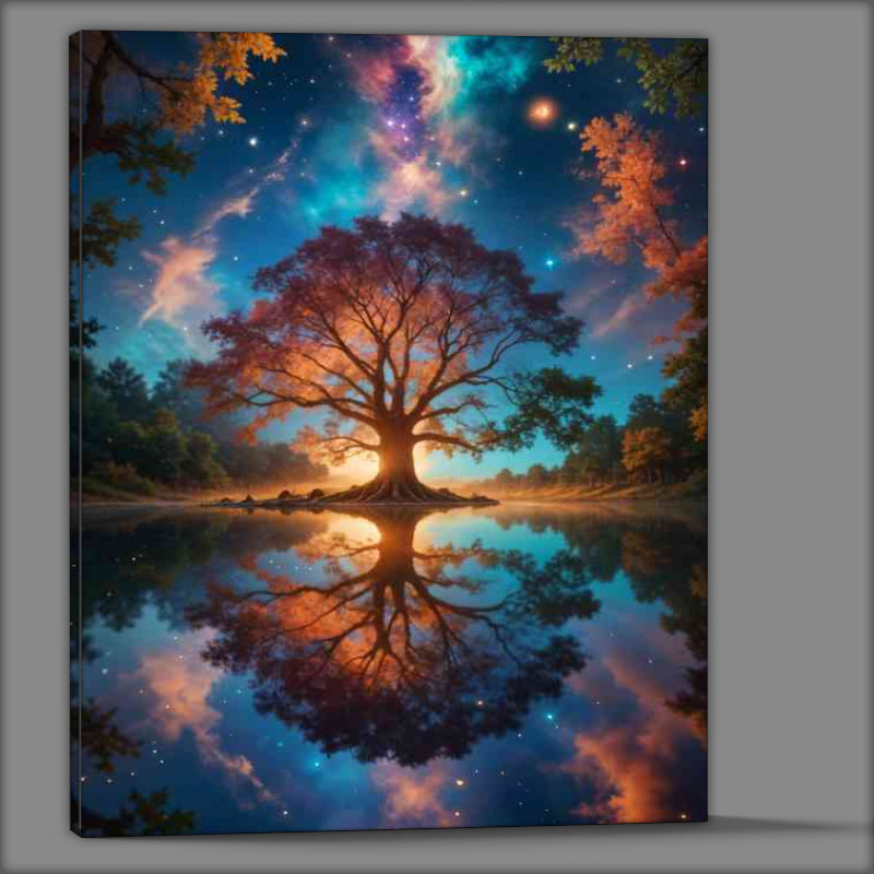 Buy Canvas : (fiery autumn foliage reflected in a still lake)