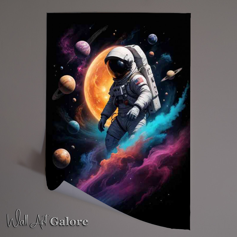 Buy Unframed Poster : (Astronaut with swirling nebulae planets and stars)