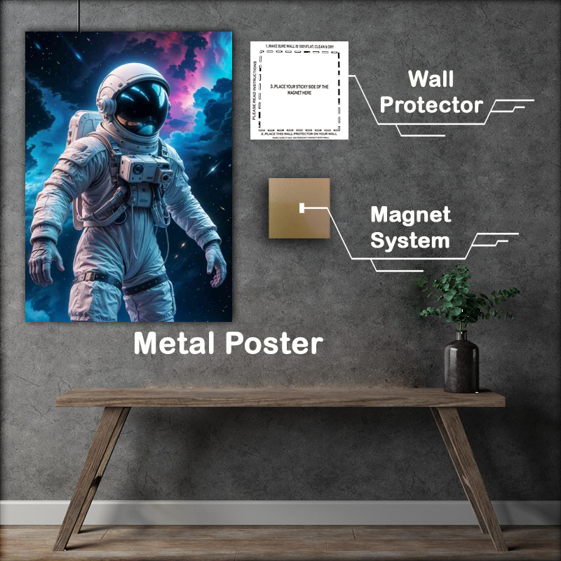 Buy Metal Poster : (Male astronaut in a white spacesuit floating in space cosmic clouds)