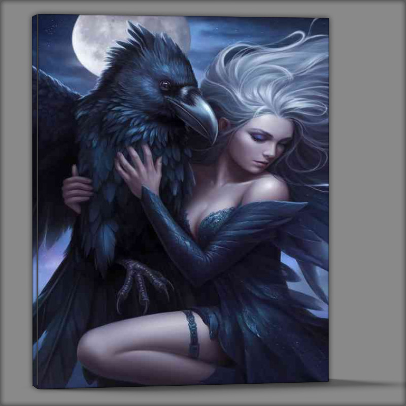 Buy Canvas : (Mystical woman with flowing silver hair and a giant crow)