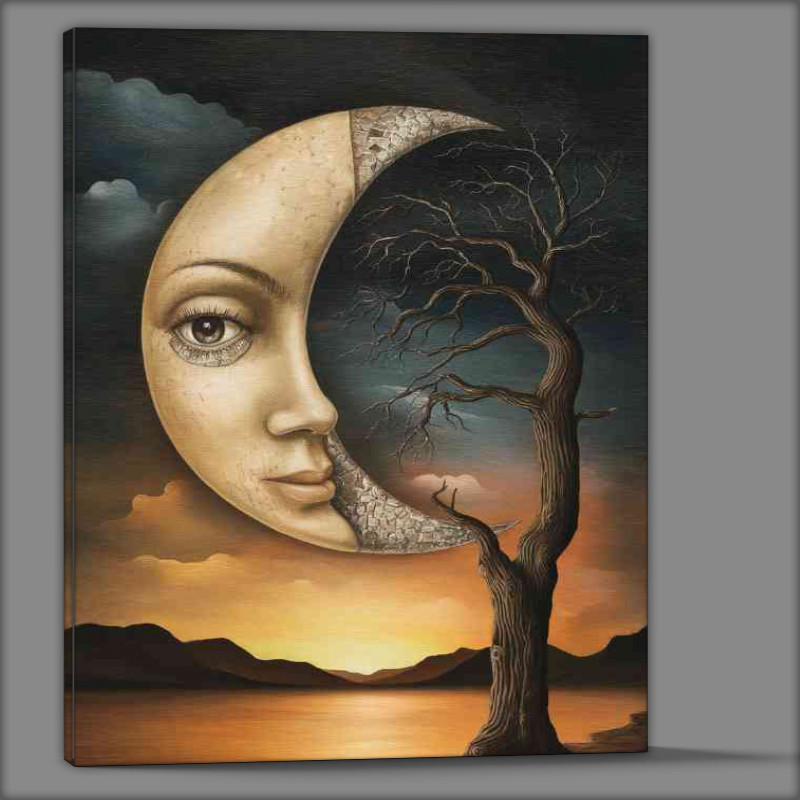 Buy Canvas : (Surrealistic scene where a crescent moon with branches of a tree)
