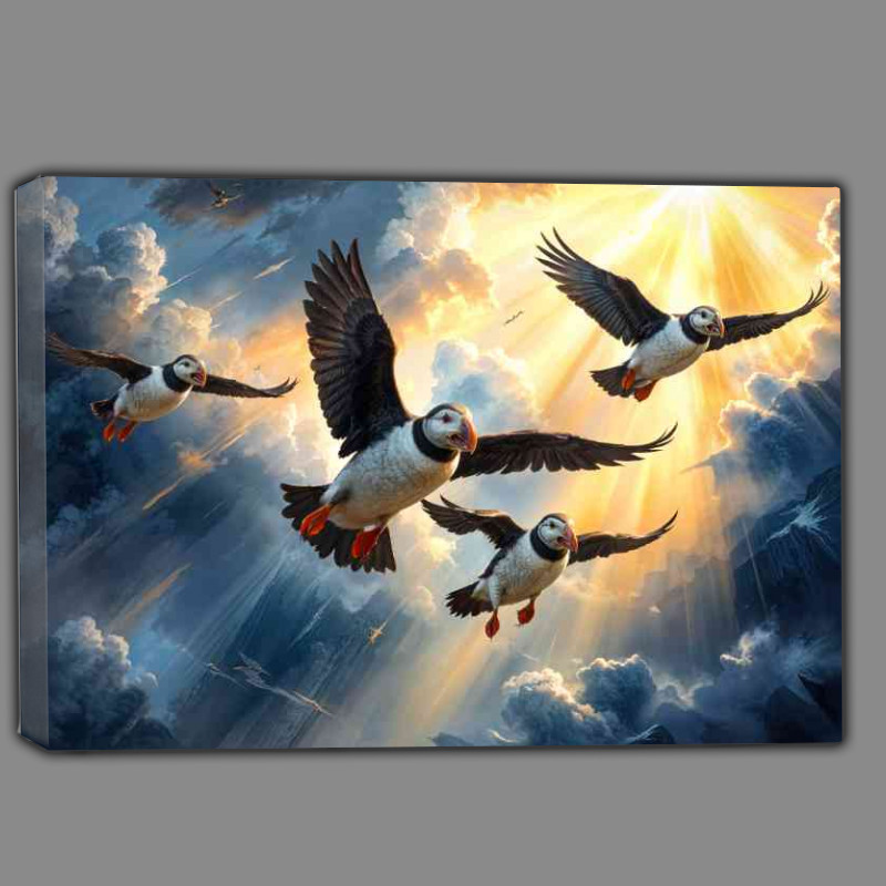 Buy Canvas : (Flock of puffins flying through the sky)