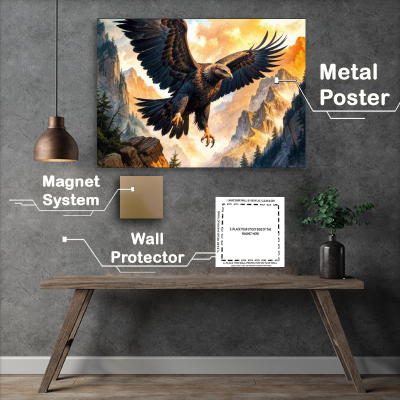 Buy Metal Poster : (Water coloured painted eagle flying in the mountains)