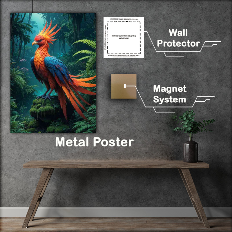 Buy Metal Poster : (Fantastical phoenix bird with vibrant feathers perched on a mossy rock)