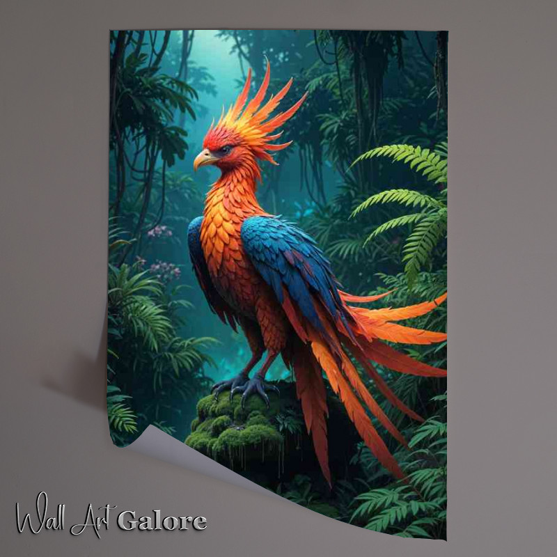 Buy Unframed Poster : (Fantastical phoenix bird with vibrant feathers perched on a mossy rock)