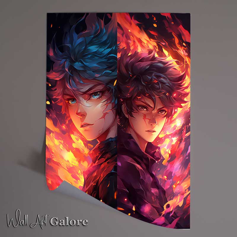 Buy Unframed Poster : (Anime of two boys with fire in the style of dark pink)