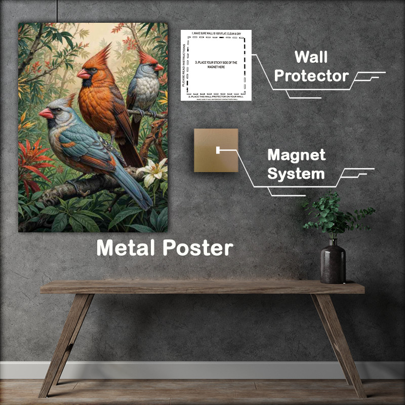 Buy Metal Poster : (Painted northern cardinal birds in the forest)
