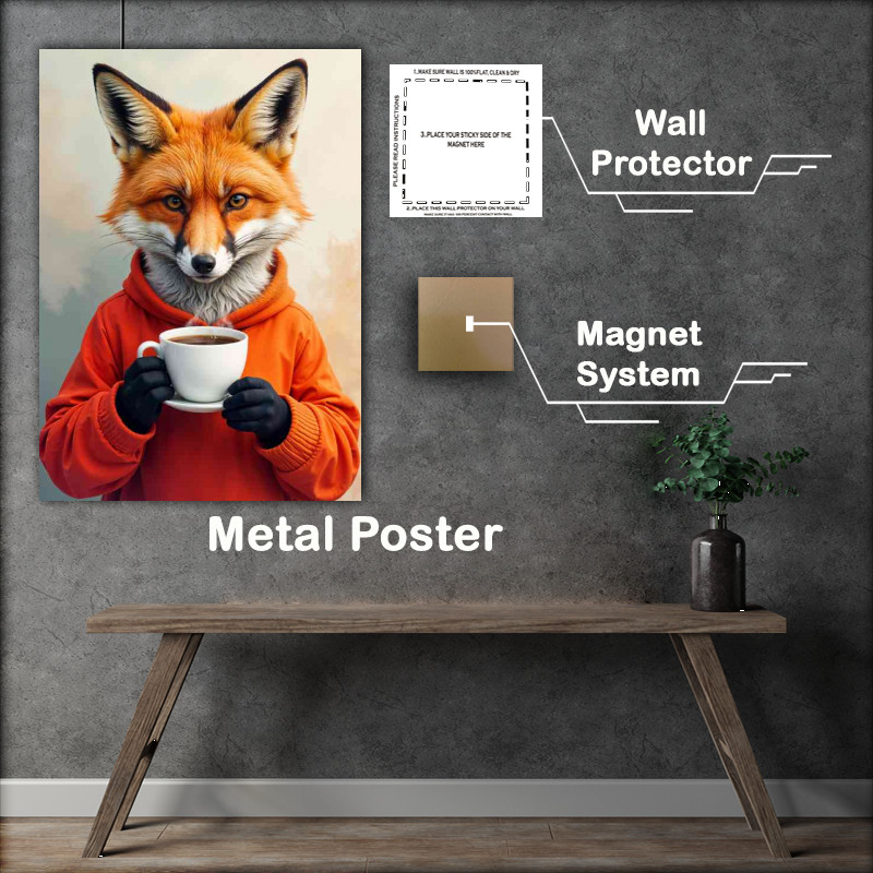Buy Metal Poster : (Red fox having a cup of latte coffe with a abstract background)