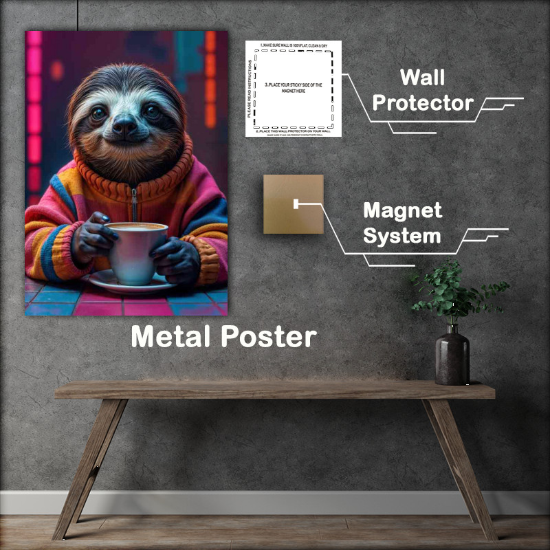 Buy Metal Poster : (Sloth in neon colours drigking latte coffee)