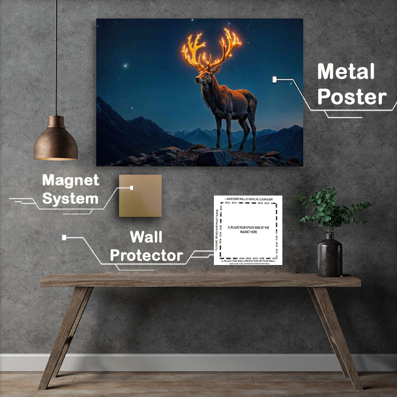 Buy Metal Poster : (Large male deer with fire glowing antlers)