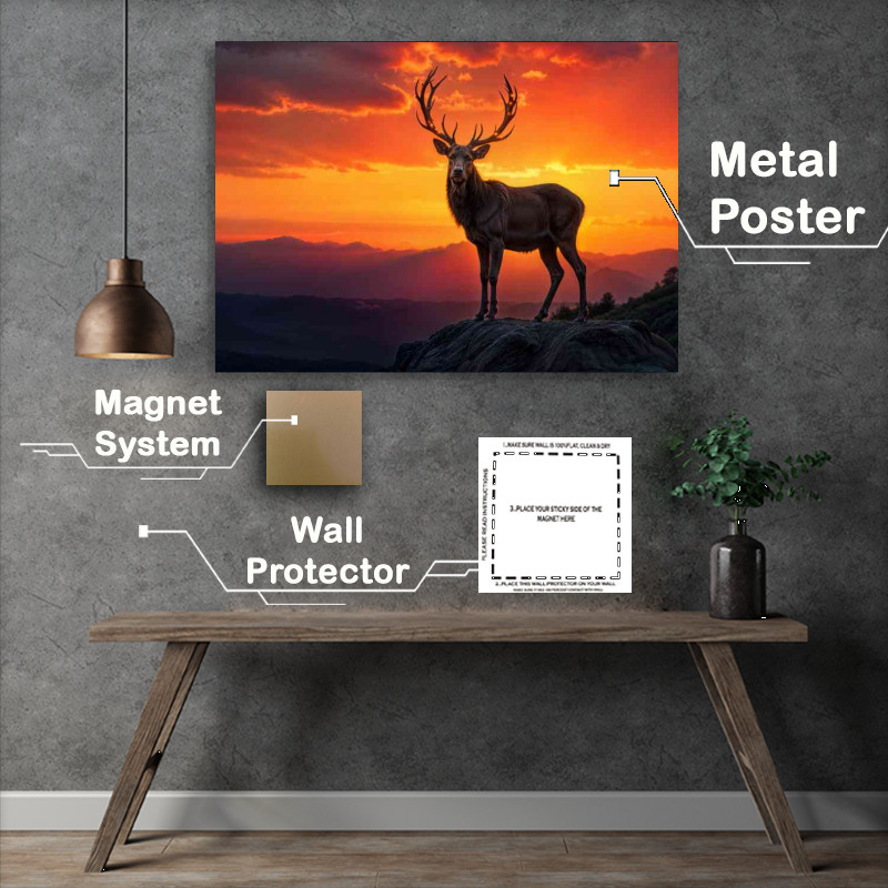 Buy Metal Poster : (Male deer in glowing sunset)