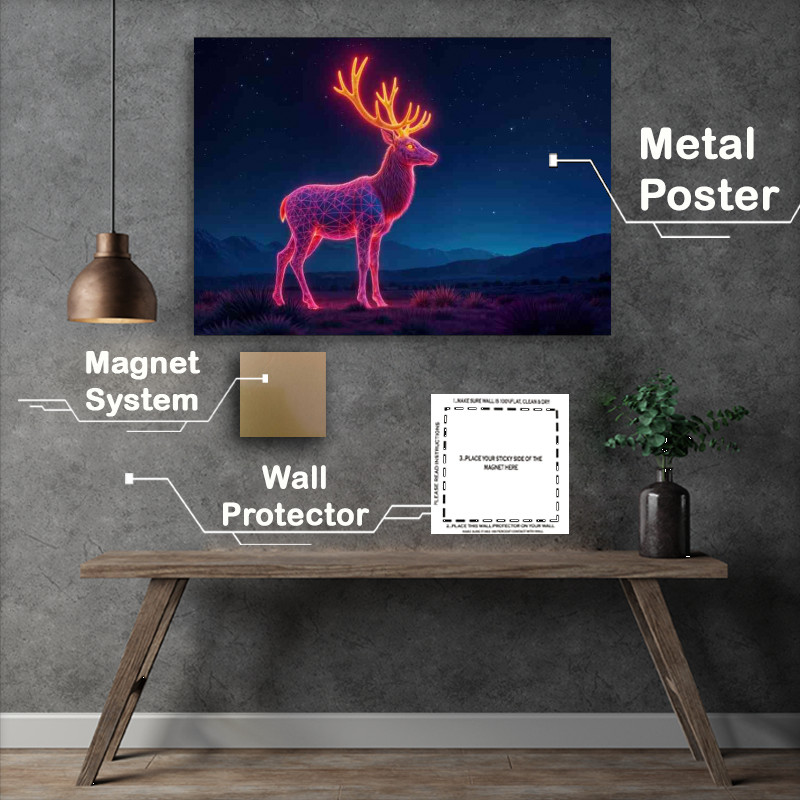 Buy Metal Poster : (Neon style stag in the field at night)