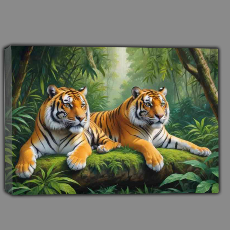 Buy Canvas : (Two adult tigers resting in a green jungle environment)
