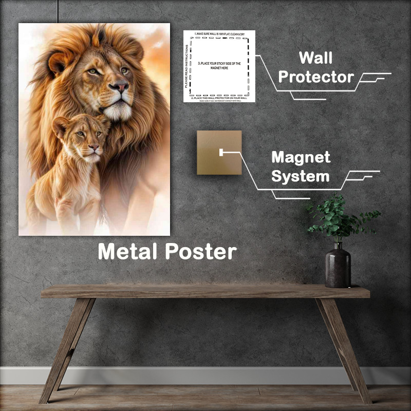 Buy Metal Poster : (Close up lion and cub in the savanna)