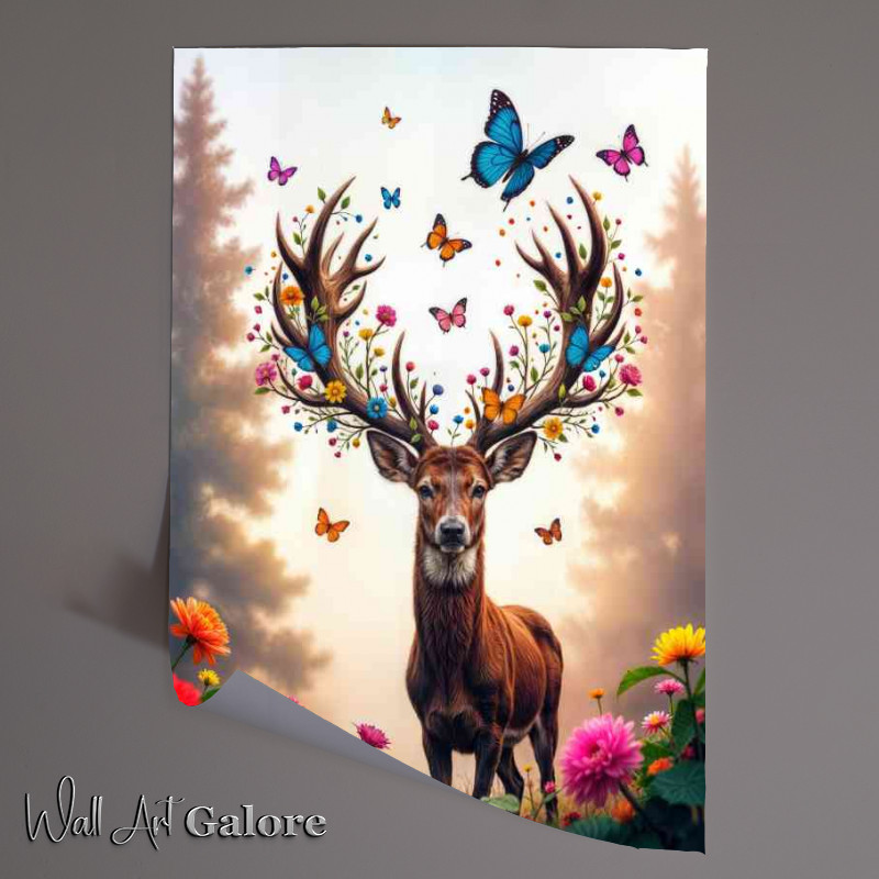 Buy Unframed Poster : (Deer in the woods with tall trees and butterflies)