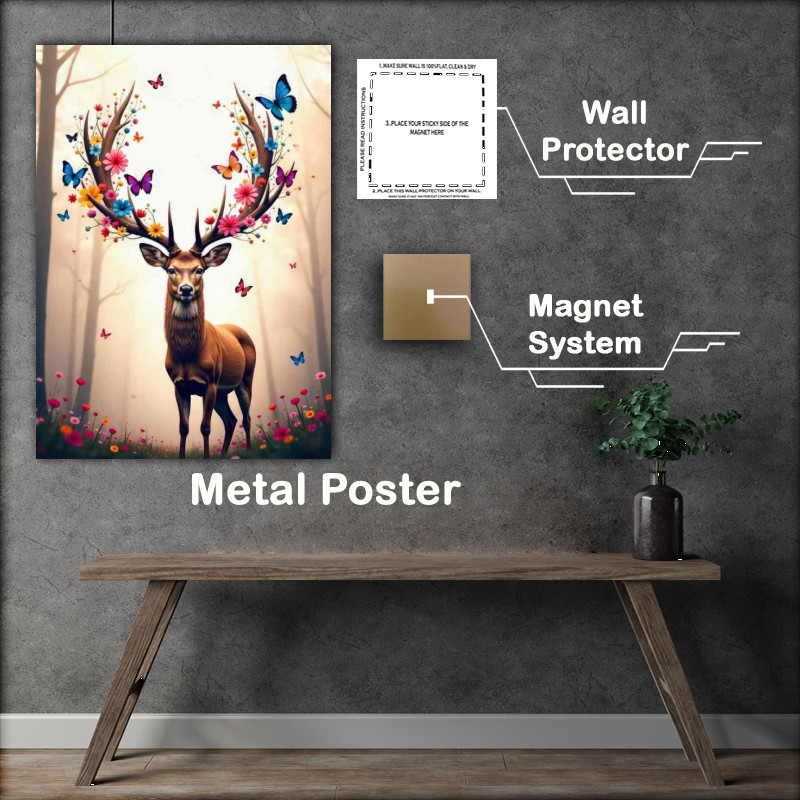 Buy Metal Poster : (Deer stag with flowers and butterflies in the woods)