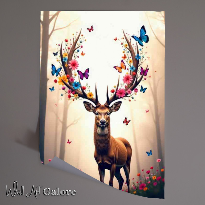 Buy Unframed Poster : (Deer stag with flowers and butterflies in the woods)