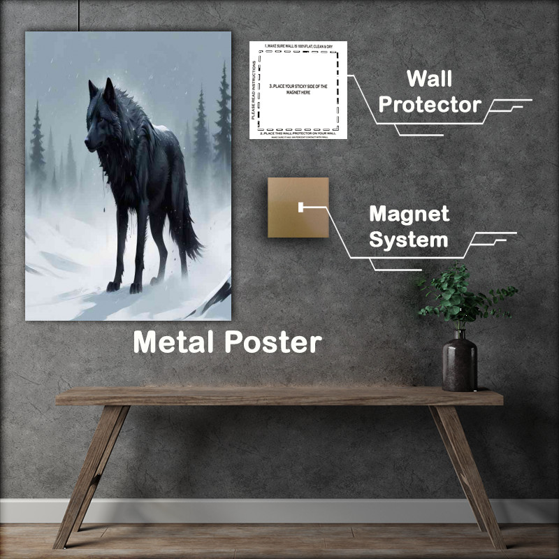Buy Metal Poster : (Lone black wolf in the snow)