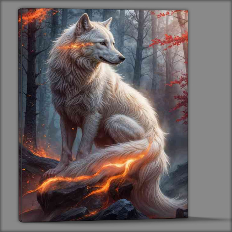 Buy Canvas : (Majestic white wolf with flowing fur and glowing fire)