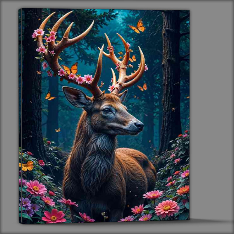 Buy Canvas : (Stag in the forest with coloured flowers)
