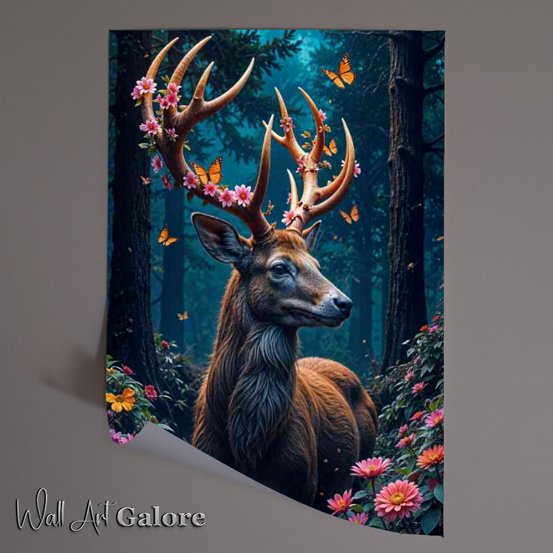 Buy Unframed Poster : (Stag in the forest with coloured flowers)