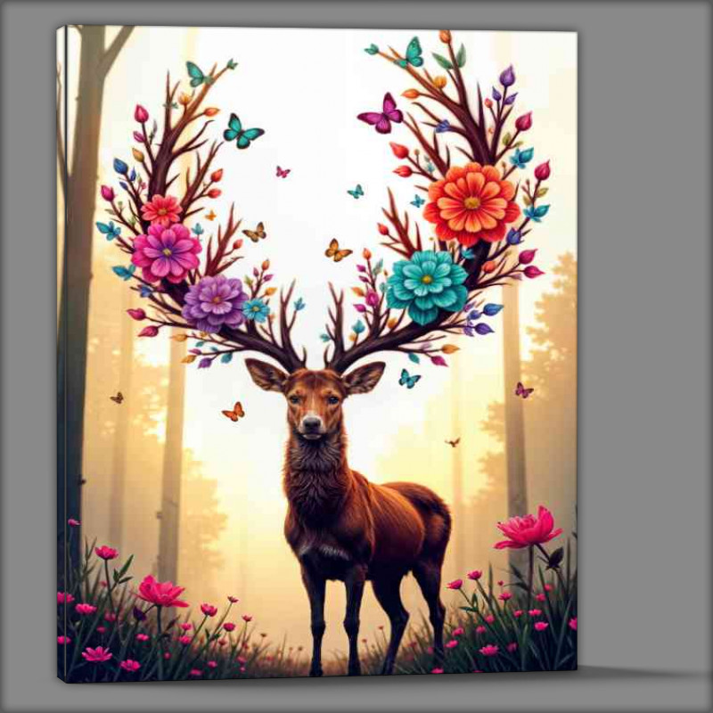 Buy Canvas : (Stag with butterflies in its antlers in forest)