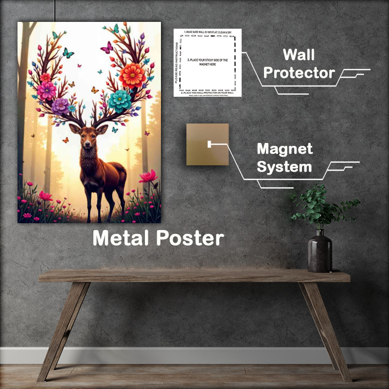 Buy Metal Poster : (Stag with butterflies in its antlers in forest)