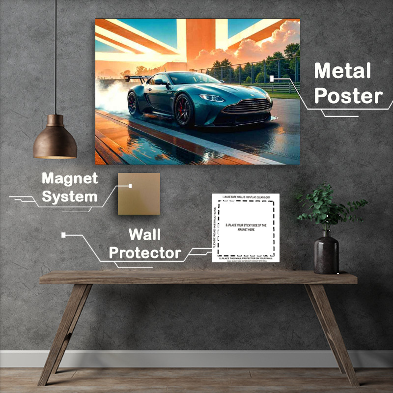 Buy Metal Poster : (Aston martin green at the race track uk flag)