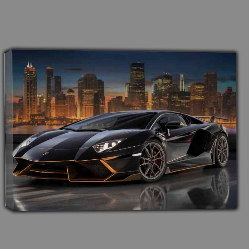 Buy Canvas : (Black sports car parked on a reflective surface)
