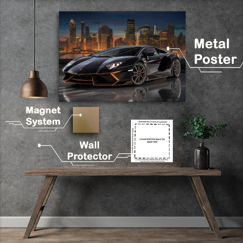 Buy Metal Poster : (Black sports car parked on a reflective surface)