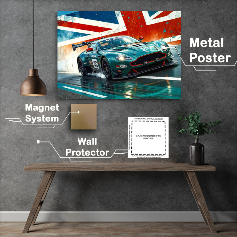 Buy Metal Poster : (British race green aston martin racing in the rain)